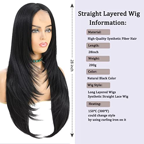 Alimiriam Long Layered Wigs For Women Straight Layered Synthetic Hair Wig Synthetic Middle Part Layered Wigs Heat Resistant Fibre For Daily Party Use(28" 1B#) #TOP2