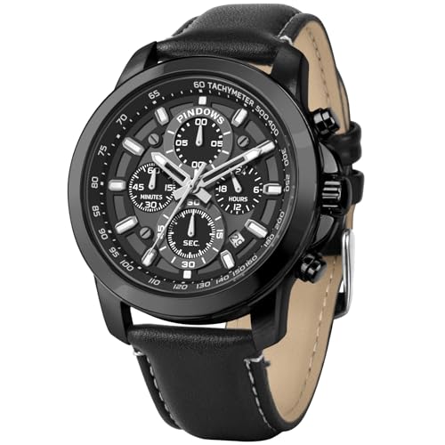 PINDOWS Watches for Men, Men's Analog Quartz Chronograph Watches Waterproof Business Casual Dress Watch with Black Brown Leather Strap
