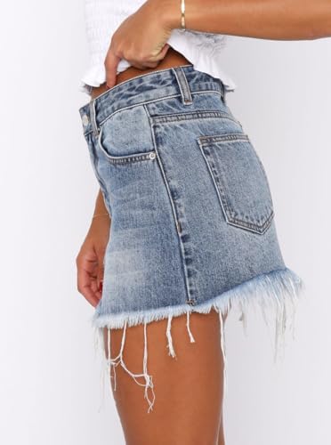 Just Quella Women's Mid Rise No Stretch Fringed Jean Skirt Mid Weight Denim Washed Vintage Mini Skirt4