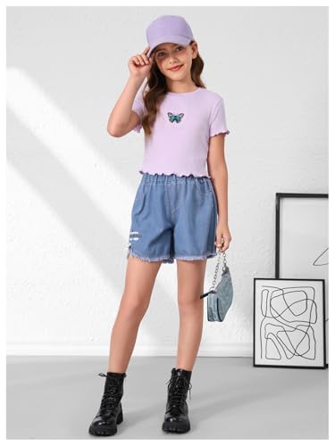 Image of RoseSeek Girl's 3 Packs Graphic Tees Butterfly Embroidery Short Sleeve T Shirt Crewneck Slim Fit Tops