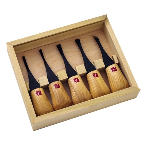 Flexcut Wood Carving Tools Beginners Palm Set of 5, FR310 Ash Hardwood Handles,1095 High Carbon Steel Blades, Box Included | Made in the U.S.A.