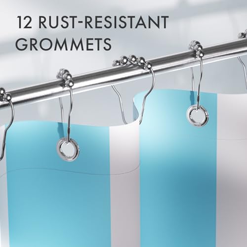Image of AmazerBath Blue Vertical Stripes Shower Curtain, Cute Blue Stripe Bathroom Shower Curtain with 12 Shower Curtain Hooks, Rustic Fabric Blue and White, 72x72 Inches
