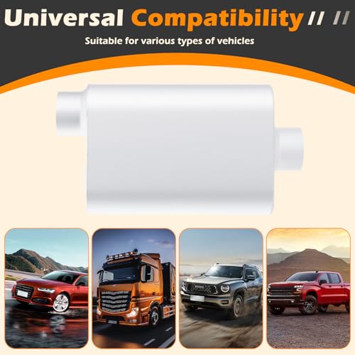 Image of A-KARCK Universal Exhaust Muffler 2 inch Offset Inlet 2 inch Dual Outlet, 17.3 inch Overall Length Aluminized Steel Aggressive Sound Race Muffler for Cars, Trucks
