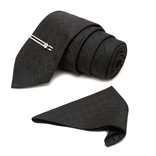 Image of LOUIS STITCH Mens Black Italian Silk Necktie Set Incl Pocket Square Chrome Tiepin American Style Formal Tie Gift Set for Men (TECPBL-#)