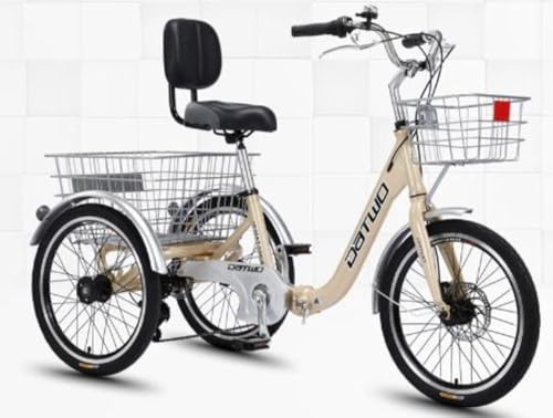 JoyeeLii 大人・シニア向け三輪車 ユニセックス 変速付き 16/18/20インチ 三輪クルーザーバイク ショッピングバスケット付き (ゴールデン,20インチ可変速折りたたみモデル)