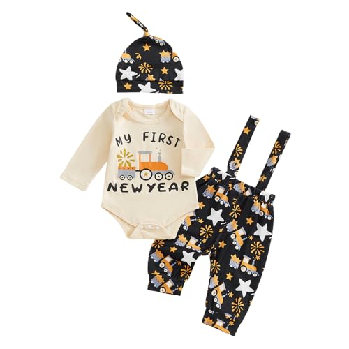 Image of Karuedoo My First New Year Baby Boy Outfit Newborn Letter Print Long Sleeve Romper Suspender Pants Hat 3Pcs Sets