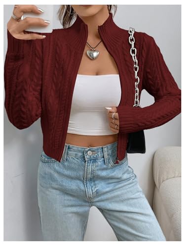 Image of MakeMeChic Women's Cropped Cable Knit Sweater Zip Cardigan Fall Clothes