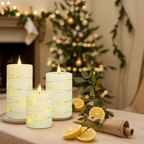 Image of 3Pcs LED Flameless Pillar Candles for Home Wedding Decor | 3D flickering flame, built‑in remote timer. 4 inch /5 inch /6 inch hemp rope LED candles, battery‑powered for indoor decor.