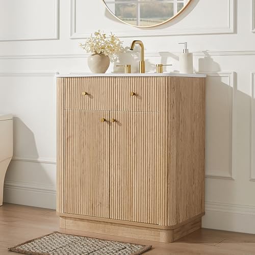 T4TREAM 60" Fluted Bathroom Vanity with 2 Single Sinks, Natural Oak — view 2