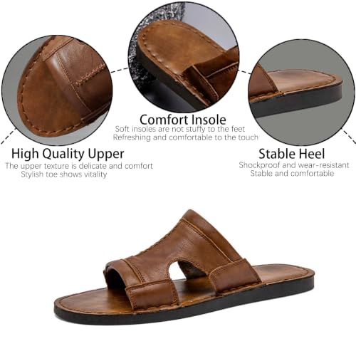 Image of Men's Leather Cutout Slides Sandals Comfortable Lightweight Open Toe Anti-Slip Soft Bottom Slip On Slippers Summer Outdoor Casual Beach Sandals