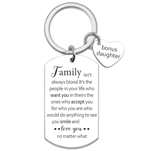 UYBEPU Bonus Daughter Keychain Gifts From Bonus Mom Dad Step Daughter Gifts From Stepmom Stepdad Birthday Christmas Easter Mothers Day Gift for Bonuses Daughters Keychain Stocking Stuffers