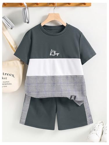 Floerns Boy's 2 Piece Outfit Striped Colorblock Short Sleeve T Shirts with Track Shorts Set3