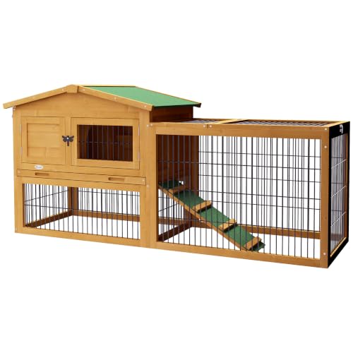 PawHut Clapier de Sol Cage à Lapin Cottage Bois 150L x 52l x 68H cm Jaune