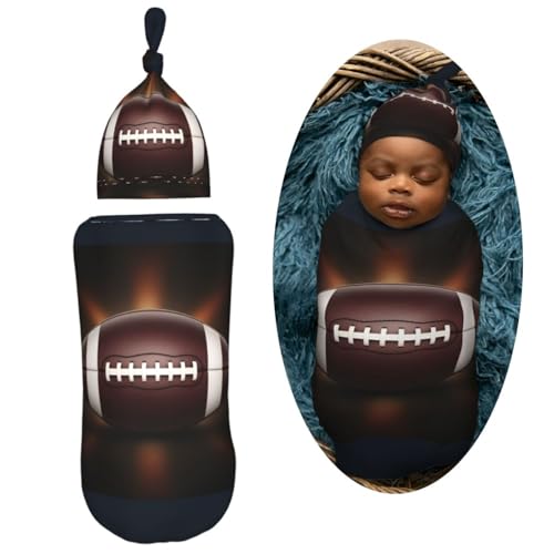 Image of American Football Ball Newborn Swaddle Blanket with Beanie Set Soft Baby Sack Stretch Adjustable Swaddle Wraps Receiving Blankets
