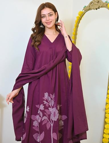 Image of Nermosa Women Solid A-line Kurta and Pant set With Dupatta | Women Kurta Set | Solid Suit | Embroidery Kurta Set |