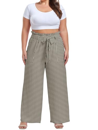 Image of OLRIK Women's Plus Size Pants Adjustable High Waisted Wide Leg Palazzo Pants Casual Trousers with Pockets Spring Clothes