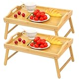 2 Pack Bamboo Bed Tray Table, Folding Legs and Handles, Breakfast Tray, Laptop Desk for Bed or Sofa, Serving Tray for Eating, Working, Reading,Picnic