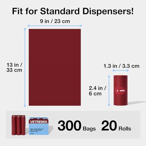 Image of VETRESKA Dog Poop Bags, Leak Proof, Extra Thick and Large Pet Waste Bags for Dog Walking and Cat Litter, Rose & Amberwood Scented, 300 Bags