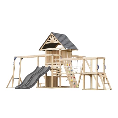AXI Hunter Area Giochi in Legno, 2 Altalene, Doppio Scivolo, Grigio | Casetta XXL/Attrezzatura da Gioco per Bambini con Struttura per Arrampicata, Ponte Sospeso e Trapezio | Per il Giardino /