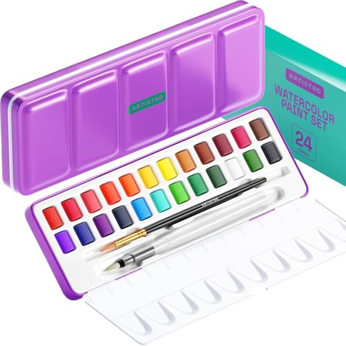 Artistro Set de Pintura Acuarela 24 Colores en Caja Portátil para Niños, Adultos, Principiantes y Aficionados
