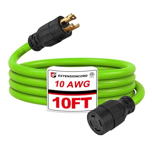 EP 10 Ft 30-Amp Generator Extension Cord 4-Prong 125/250V 7500W NEMA L14-30P/R 10 Gauge SJTW Locking Power Cord for Transfer Switch Portable Generators Green