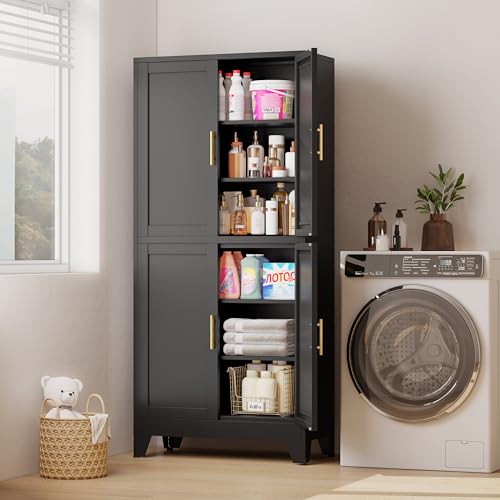 Image of PAOFIN Black Metal Storage Cabinet with 4 Doors and 4 Adjustable Shelves, Adjustable Leveling Foot for Kitchen, Living Room and Dining Room. 75 inch H