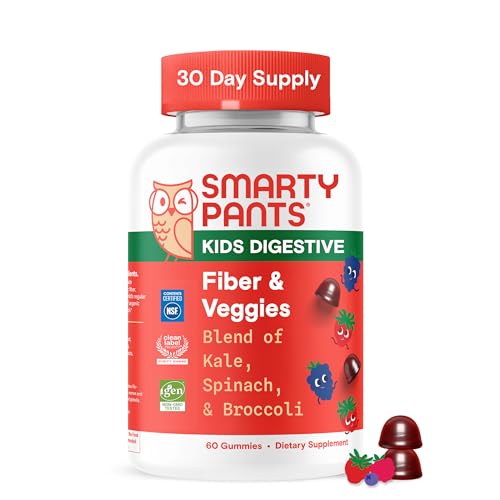 SmartyPants Kids Fiber & Veggies: Prebiotic Fiber Gummies for Kids, Fiber Supplement with Inulin, Organic Green Veggie Blend, Vegan, Gluten Free, Mixed Berry Flavor, 60 Count (30 Day Supply)