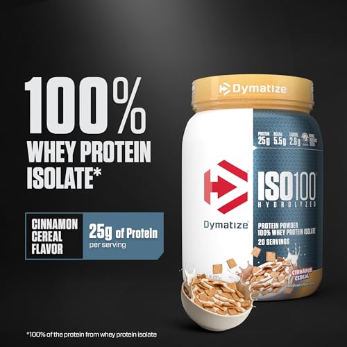 Image of Dymatize ISO100 Whey Protein Powder Isolate, Cinnamon Cereal, 25g of Protein, 5.5g BCAAs, Less Than 120 Cal., Gluten Free, 1g Fat, 1g Sugar, 2g Carb (20 Servings)