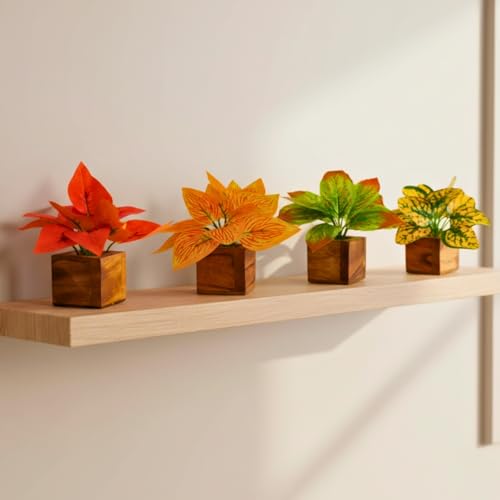 Image of DecoreBugs Artificial Leaves Potted Plants in Wooden Pot (4 Pack) Money Plant | Small Plants for Home Decor | Office Decor