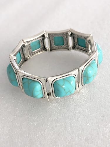 Silver Tone Navajo Southwest Western Vintage Mid Century Style Resin Turquoise Chunky Statement Stretch Bracelet4