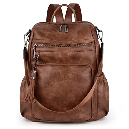 UTO Damen Rucksack Vegane Leder Mode Multifunktionsrucksack mit Quaste Lässige Schultertaschen mehres Kompartiment Große Kapazität Reißverschluss Umhängetasche Für Mädchen Reise Universität Braun