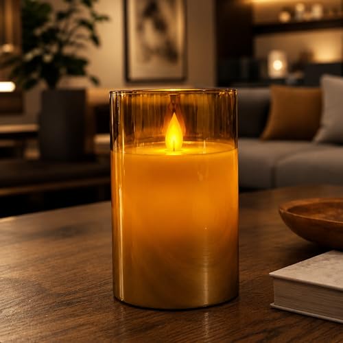 Image of LTETTES Real Wax Led Candle with Glass Cup | Flameless Flickering Wick | Amber Glass Finish | Battery Operated with Remote Controller | Decorative Candle for Home, Festival & Gifting | D-3 inch x H-5 inch