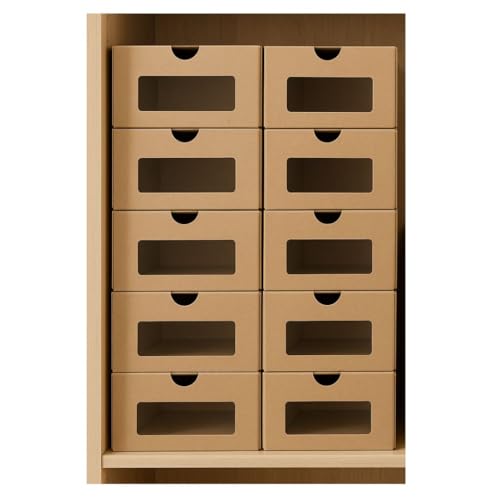 Dressing Malin Lot de 10 boîtes de Rangement en Carton avec Fenêtre, 32x22x14 cm, Multi-Usage pour Chaussures et Accessoires, Empilable, Montage Facile