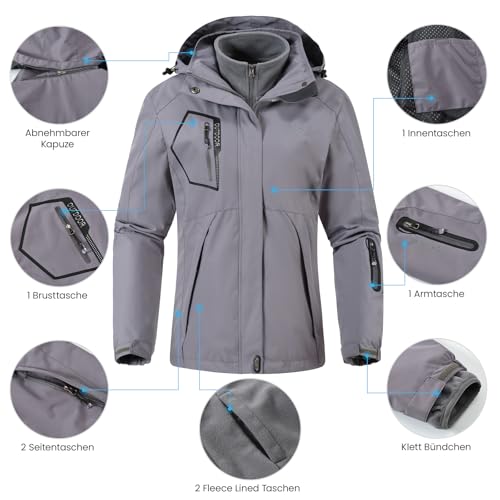 donhobo Damen Jacken 3-in-1 Fleece Gefüttert Winterjacke Winddicht Warm Verdickte Softshelljacke Wasserdicht Outdoor Wanderjacke Funktionsjacke Grau L