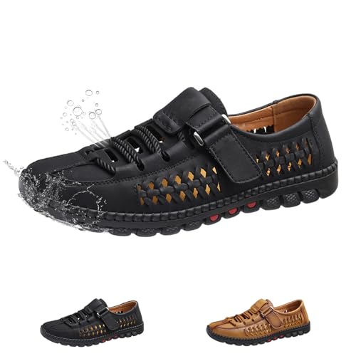 Mens Leather Closed Toe Hollow Sandals Lightweight Breathable Adjustable Dress Casual Outdoor Athletic Sandals Comfortable Walking Hiking Shoes
