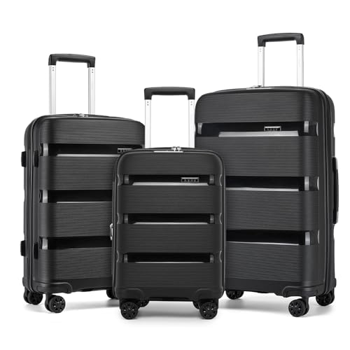 Image of Kono Luggage Sets 3 Piece Hard Shell Travel Trolley 4 Spinner Wheels Lightweight Polypropylene Suitcase with TSA Lock (Black, 20 /24 /28 Set)