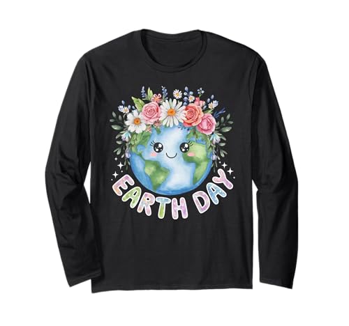 Happy Earth Day Cute Earth With Floral Earth Day 2025 Maglia a Manica