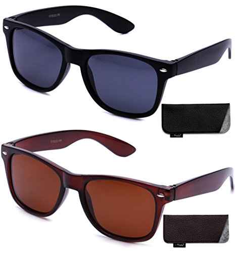 80's Classic Horned Rim Vintage Polarized Anti-Glare 100% UV Protection Sunglasses for Women and Men (2 Pack - Rubber Black/Smoke & Brown-w/Pouch, 55)