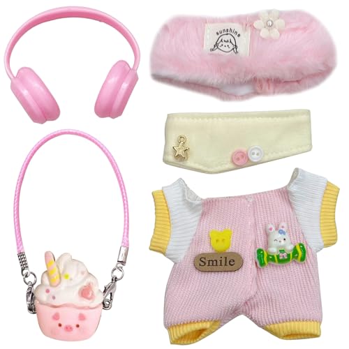 HTTDSLF 5 Piezas Set de Ropa de Muñeca 17 cm, Adecuada para La Accesorios Rosa Outfit con Enterizo Diadema Bufanda Bolso Auriculares, para Niños Niñas Regalos y Colección (Sin Muñeca)