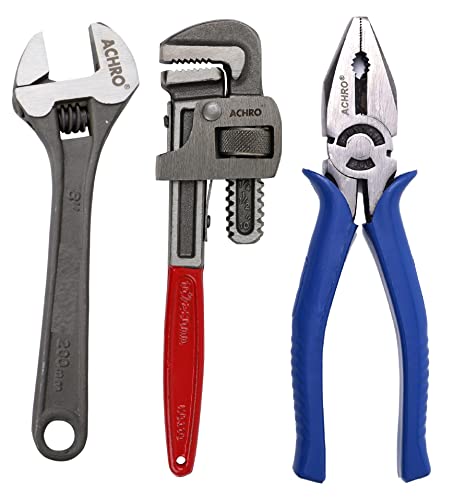 Image of ACHRO Combo Pack of 3 Tool Kits Set for Home (Contains 8 Inch Adjustable Spanner, 8 Inch Combination Plier, 10 Inch Pipe Wrench, Pouch Packing)