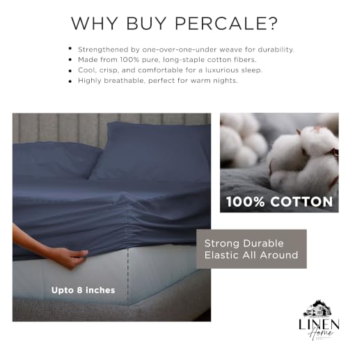 Image of Linen Home Cotton Percale Fitted Bedsheet Set Single Size Dark Blue