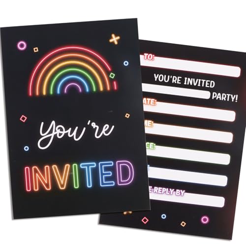 COMOOKA 20pcs Neon Party Invites Rainbow Birthday Party Invitations Birthday Invitations for Girls Boys
