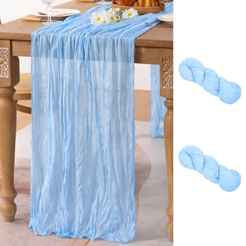 Image of MLMC 2 Pack Baby Blue Table Runner Baby Blue Cheesecloth Table Runner 10ft Baby Shower Decorations Rustic Gauze Cheese Cloth Centerpiece 35x120 Inches for Gender Reveal Birthday Party Wedding Decor