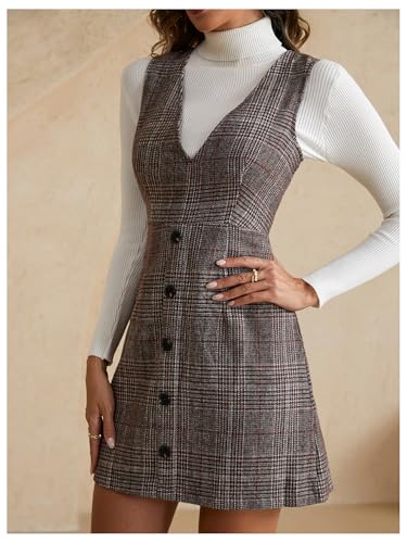 Women's Elegant Plaid Pinafore Dress V Neck Sleeveless Button Front Work Office Mini Dresses3