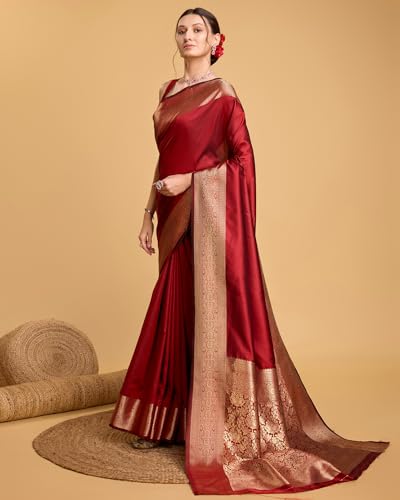 Image of SWORNOF Women's Silk Kanjivaram Kanchipuram Saree With Blouse Piece