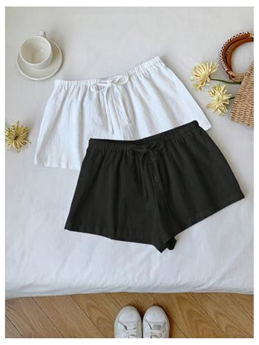 Image of MakeMeChic Women's 2 Pack Linen Shorts Striped Gingham Summer Beach Pajama Boxer Shorts