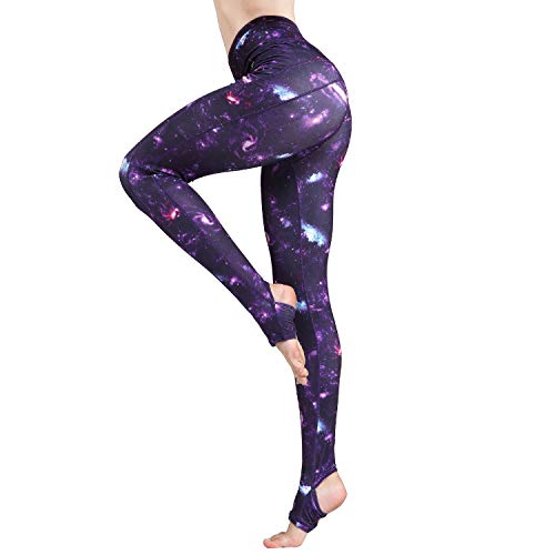 Witkey Women Yoga Pants Printed Over The Heel Stirrup Yoga Leggings High Waist Power Flex Capris Leggings for Fitness Running, 6-c-stirrup Design # Purple Galaxy, L