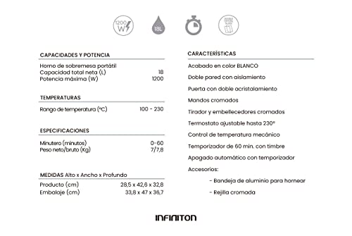 Miniatura 2 de Infiniton Hsm-A18b Horno Sobremesa, Blanco, 18l, 1200w, Convección, Doble Acristalamiento, Control De Temperatura, Temporizador 60 Min.