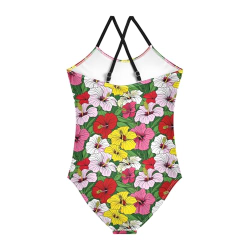 senya Girls Swimsuits One-Piece Swimwear Tie Bathing Suit Beach Summer Round Neck 9-10T Multicolor Hibiscus Pattern2
