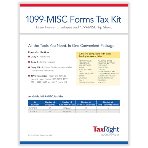 ComplyRight TaxRight Set 1099-MISC (4-Part) with Self-Seal Envelopes, No Software, 25-Pack, Tax Filing for Business